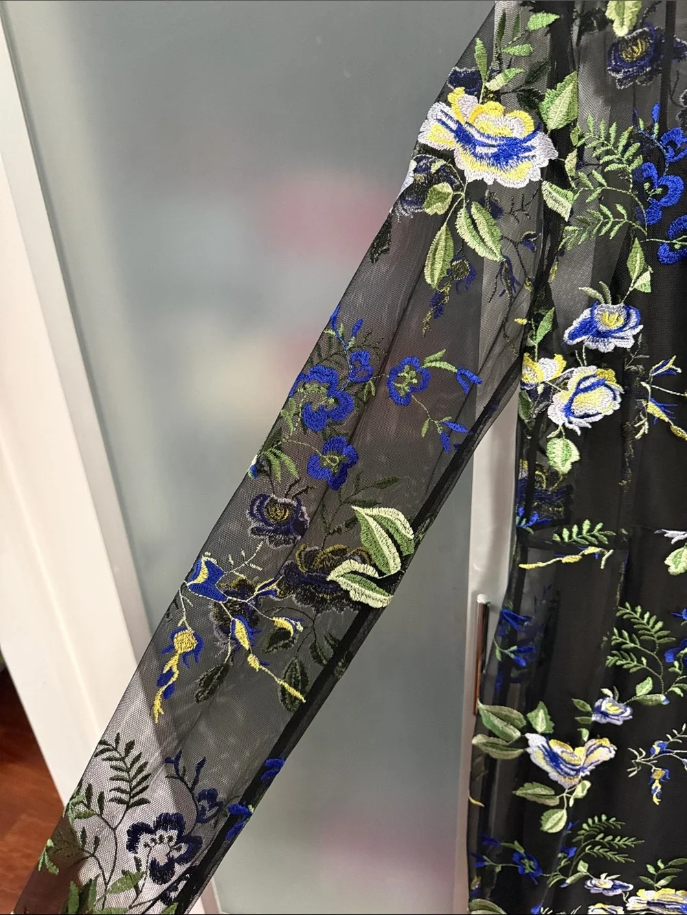 Floral Embroidered Black Mesh Dress - Blue & Green Accents